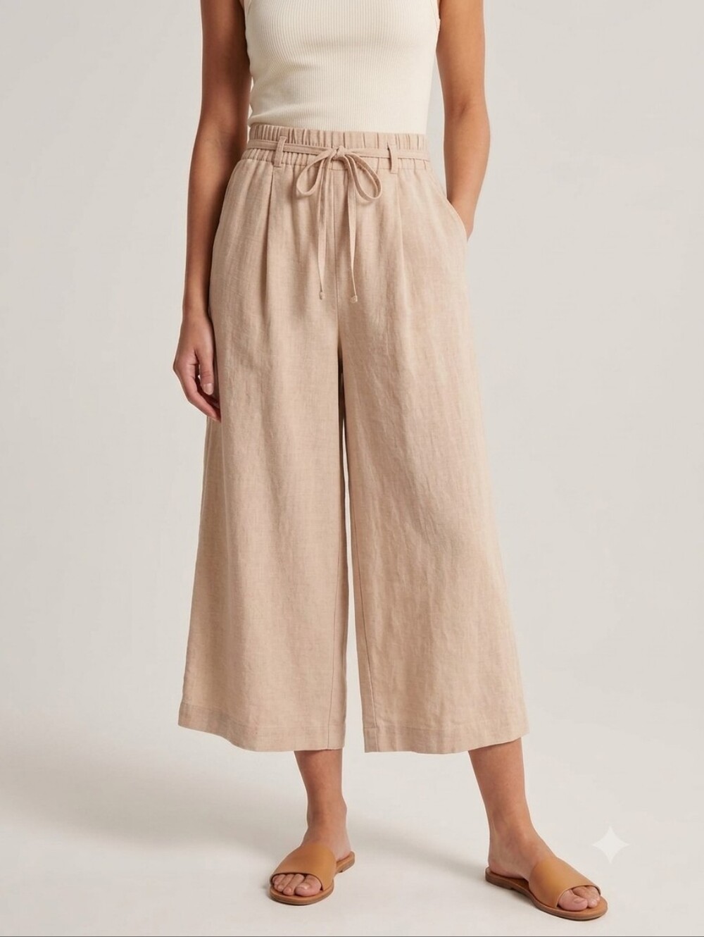 Charlie Paige Linen Blend Cropped Wide Leg Culottes Neutral Small Pink Boho